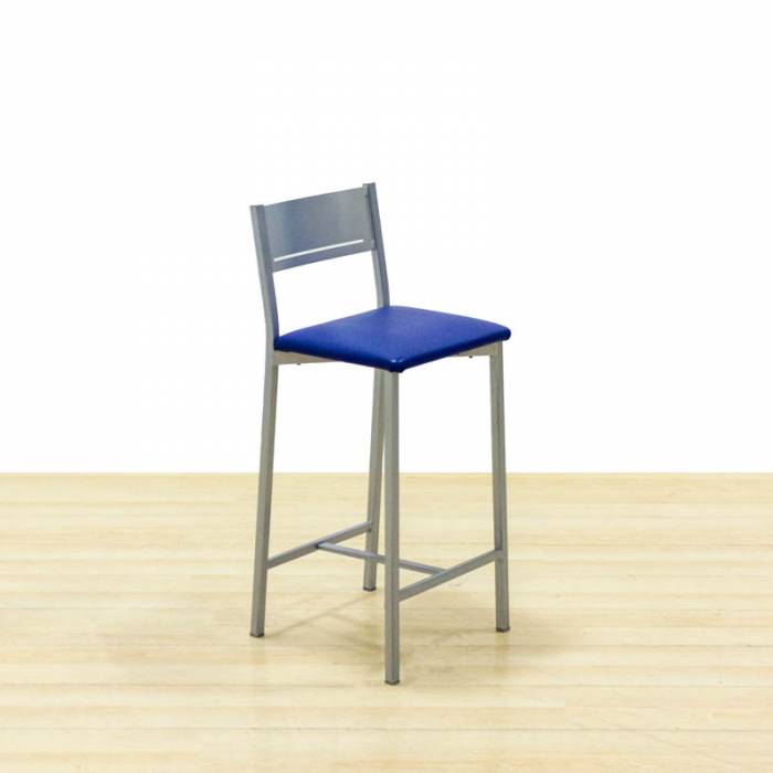 Banqueta Mod. PRESET. Fabricado em metal com encosto. Assento estofado em azul.