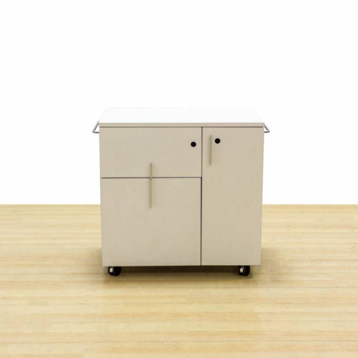 Mobile base cabinet Mod COMBI2. Made of white and gray wood. With wheels.