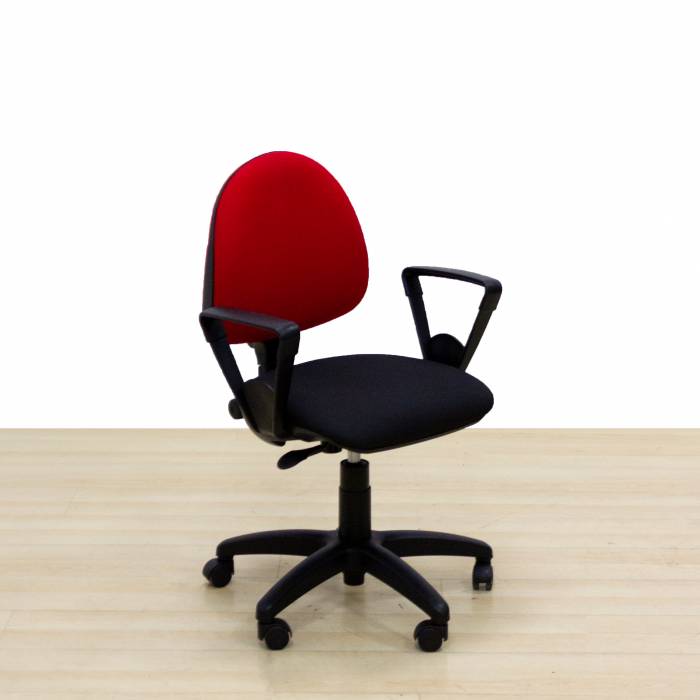 Mod. PRIPIA task chair. Seat and back reupholstered in black and red fabric.