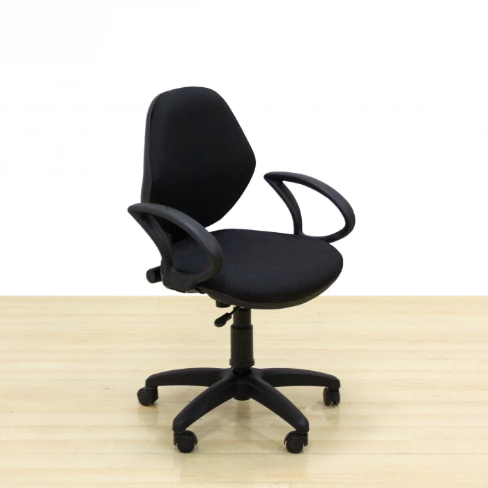 Operative chair Mod. TRIOMA. Seat and back upholstered in black fabric. Swivel base.
