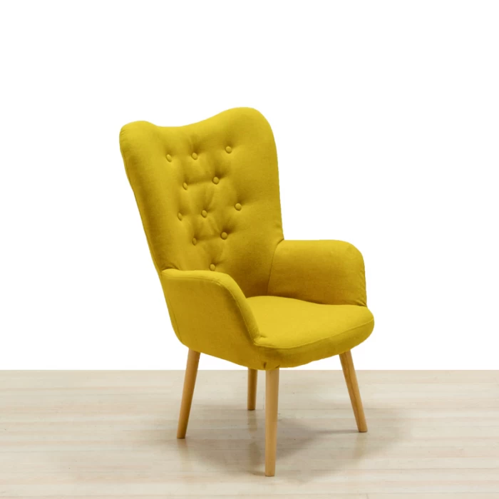 Waiting chair Mod. SENA. Upholstered in mustard-colored fabric. Solid wood legs.