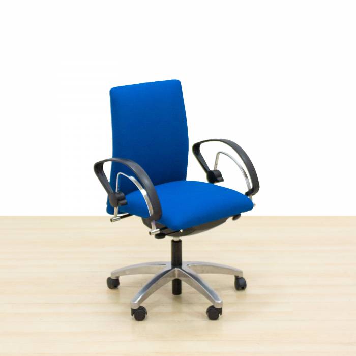 RODER operative chair Mod. MOORE. Reupholstered in new blue fabric. Chrome base.