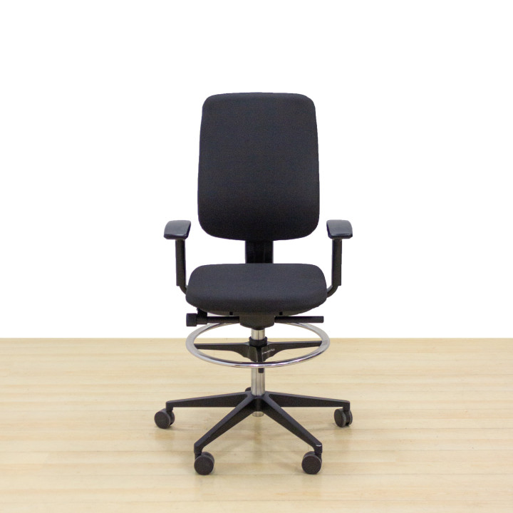 STEELCASE Operative Chair Mod. REPLAY. stool version. Reupholstered in black fabric. Footrest.