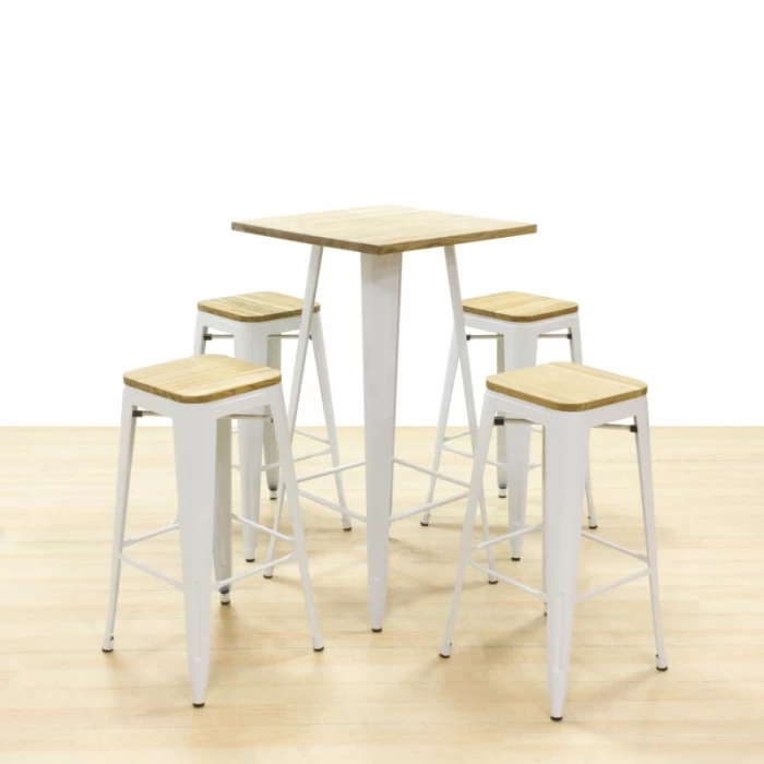 Set of high table and stools Mod. COFFEE. Made of oak finished wood and metal structure.