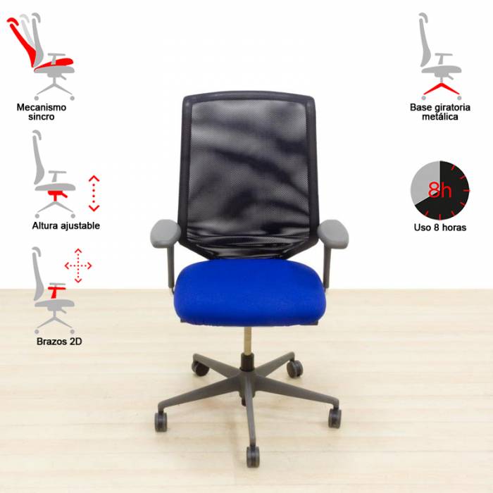 VITRA Operative Chair Mod. MEDA PRO. Seat upholstered in black or blue. Black mesh back.
