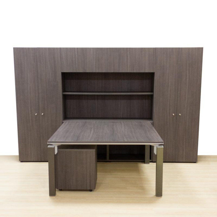 Conjunto de escritório PERMASA AGORA. Armários, mesa e bloco de gavetas. Acabamento wengué. - vista 3