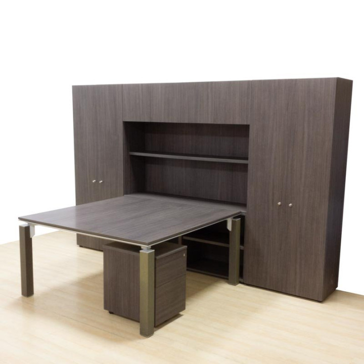 Conjunto de escritório PERMASA AGORA. Armários, mesa e bloco de gavetas. Acabamento wengué. - vista 6