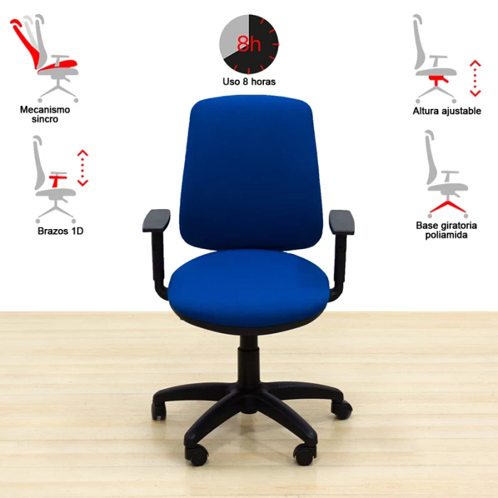 Task chair Mod. DESMON. Seat and back upholstered in blue fabric. Swivel base.