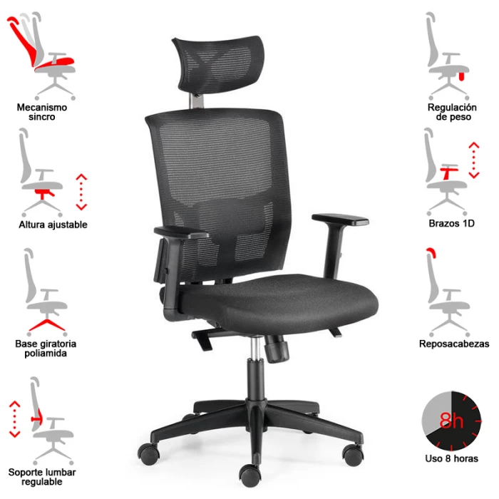 Operative chair Mod. VIENA. Synchron mechanism. Adjustable headboard. black colour.