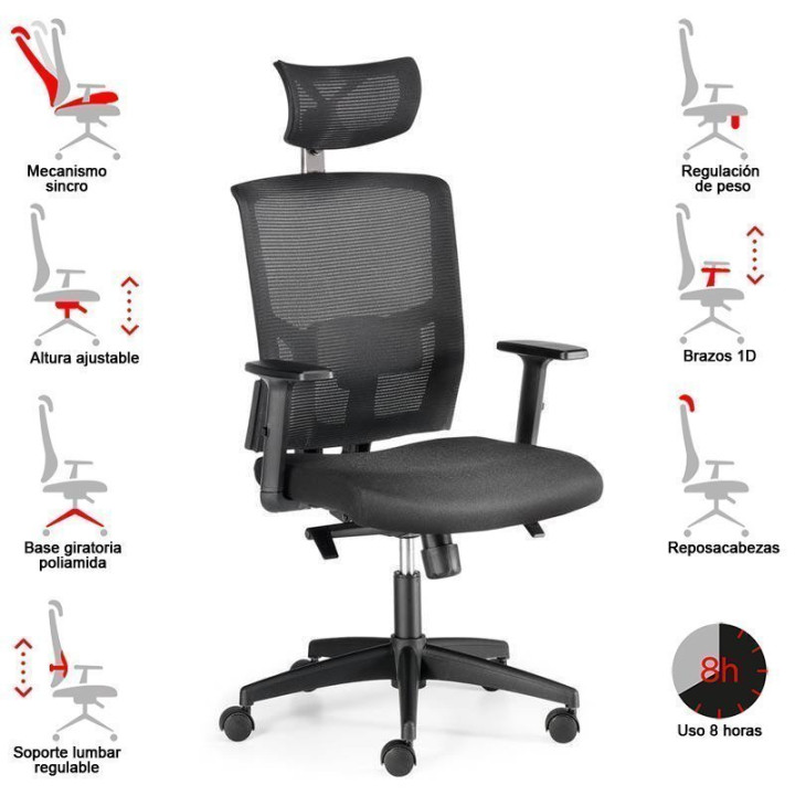 Operative chair Mod. VIENA. sync mechanism. Adjustable headboard. black colour.