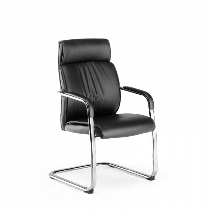 Confidant armchair Mod. MOSCOW. Upholstered in black imitation leather. Chrome sled base.
