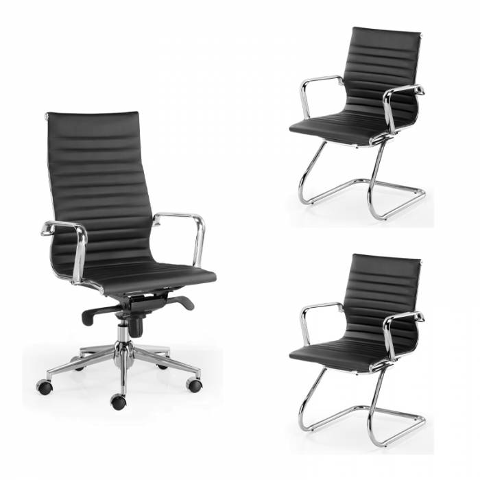 Set. An executive chair and two confidant chairs Mod. LONDON. Upholstered in black or white imitation leather.