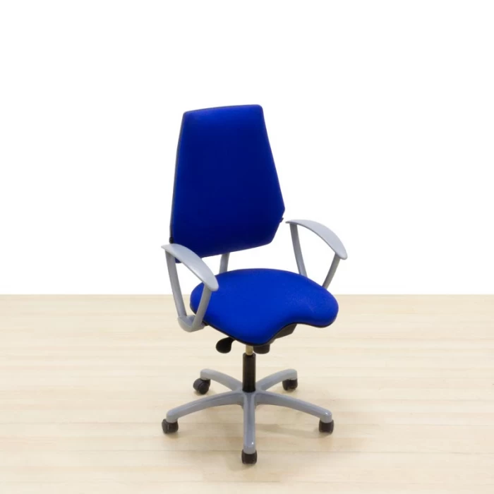 Operative chair Mod. VELADA. Seat and back upholstered in blue fabric. Swivel base.