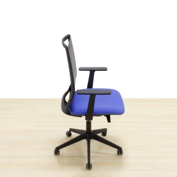 Task chair Mod. WORKED. Seat upholstered in blue fabric. Mesh back.