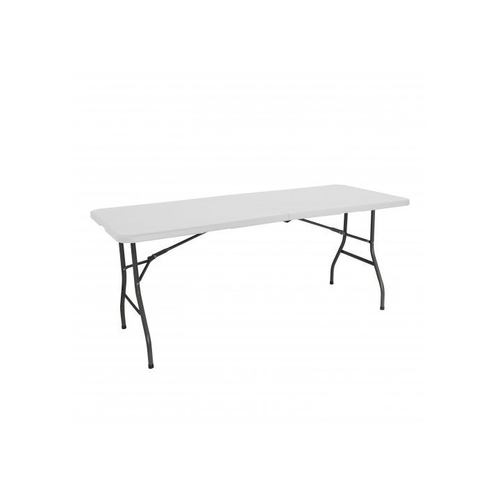 Folding dining table in white and black metal structure.