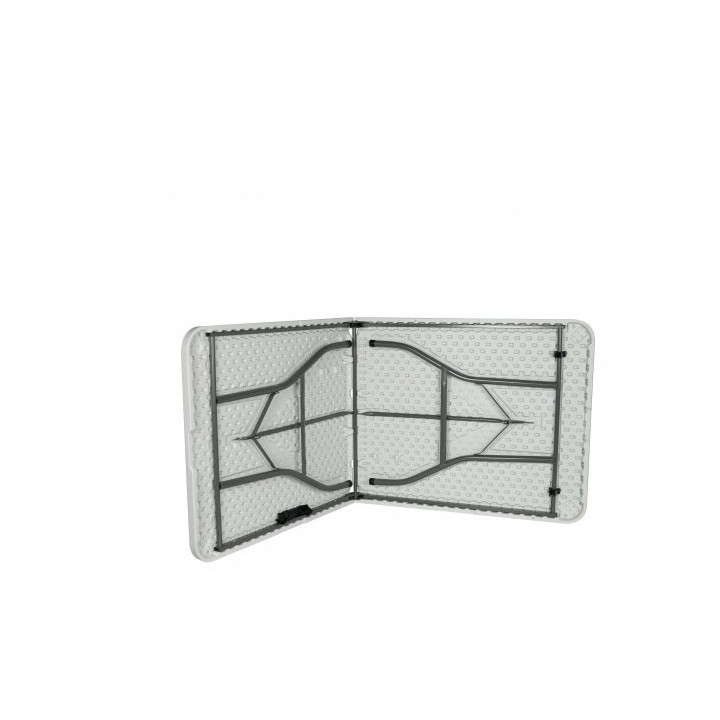 Folding dining table in white and black metal structure.