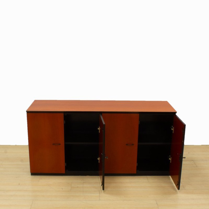 Table + drawer + wardrobe set Mod. COURVE. Table made of wood with a Varnished Walnut finish.