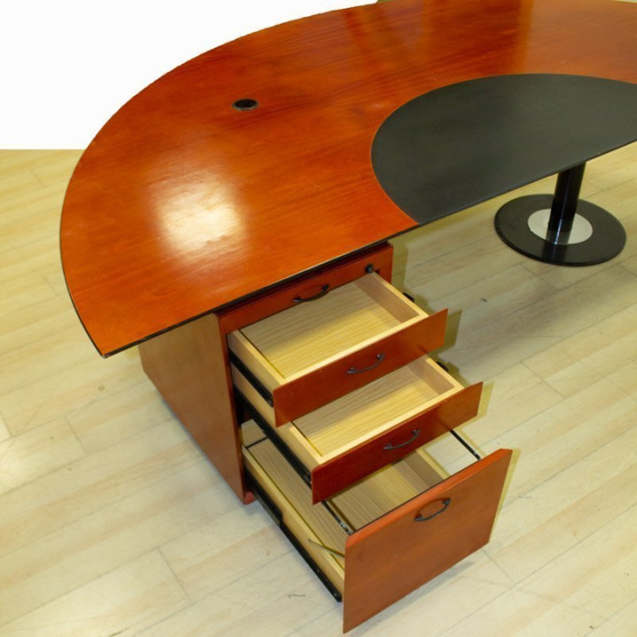 Table + drawer + wardrobe set Mod. COURVE. Table made of wood with a Varnished Walnut finish.