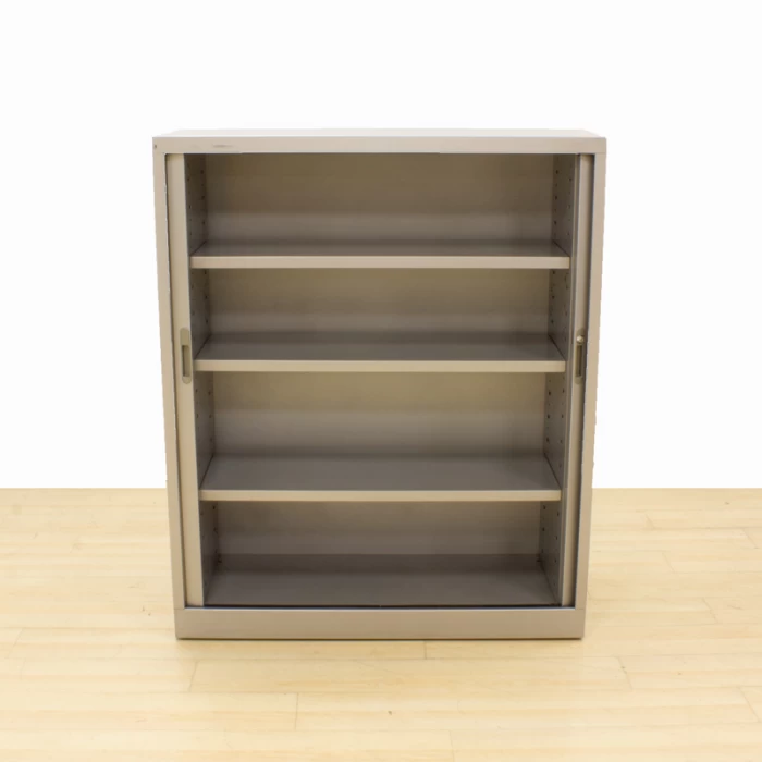 STEELCASE medium cabinet Made of gray and maple metal. Maple shutter doors.
