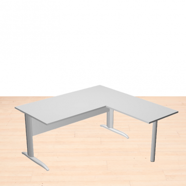 Versión gris de la mesa Artexport PRESTO en L con patas metálicas en T y tapa bilaminada de 22 mm