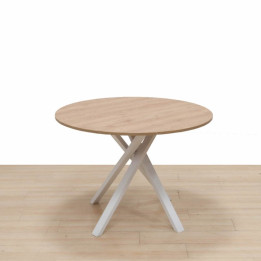 Round meeting table in Oak with white metal cross base.
