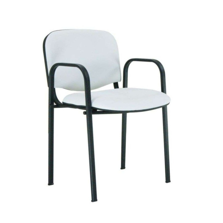 Silla confidente COSMOS con brazos, tapizada en blanco con estructura metálica negra y respaldo de ABS