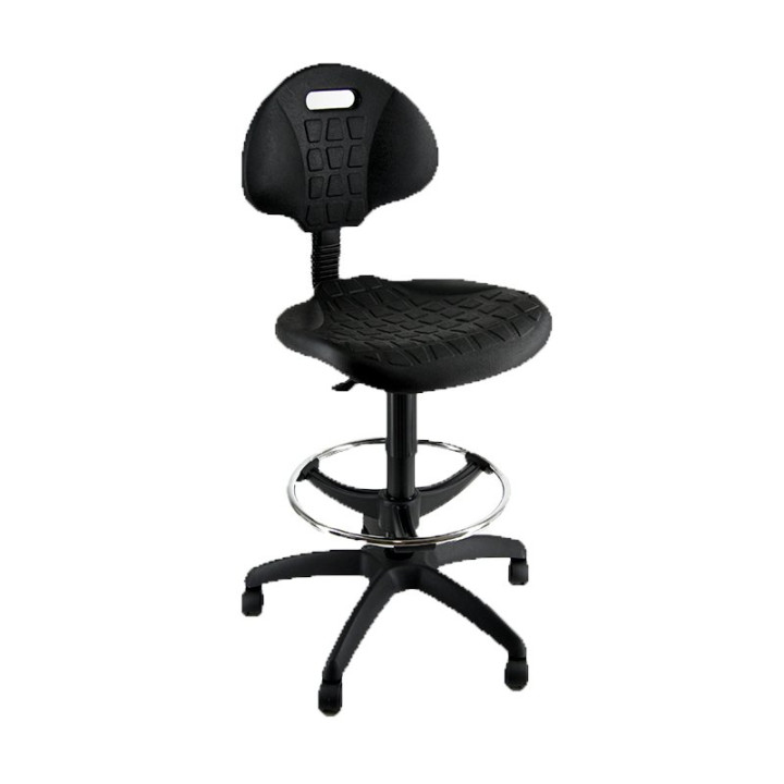 Taburete UNISIT EOE2 negro de poliuretano inyectado con respaldo, altura regulable 61–87 cm y reposapiés cromado