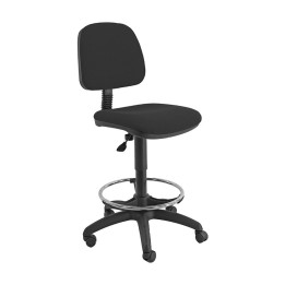 Taburete UNISIT EOE4 en tela negra con respaldo, asiento regulable 60–85 cm y reposapiés cromado