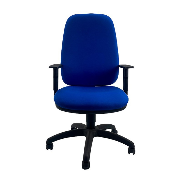 Vista frontal de la silla Tete de Unisit en color azul, asiento ergonómico tapizado y base con ruedas