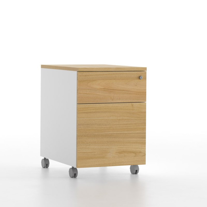 Cajonera PREMIER de Ofitres color roble y cuerpo blanco, vista frontal en ligera perspectiva