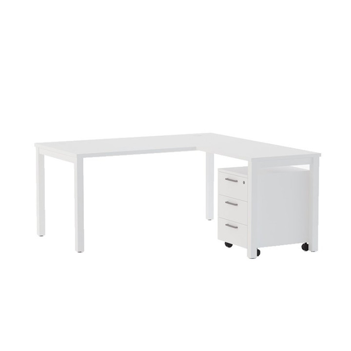 Mesa operativa NOVA en L de OFITRES en acabado blanco con ala lateral y cajonera