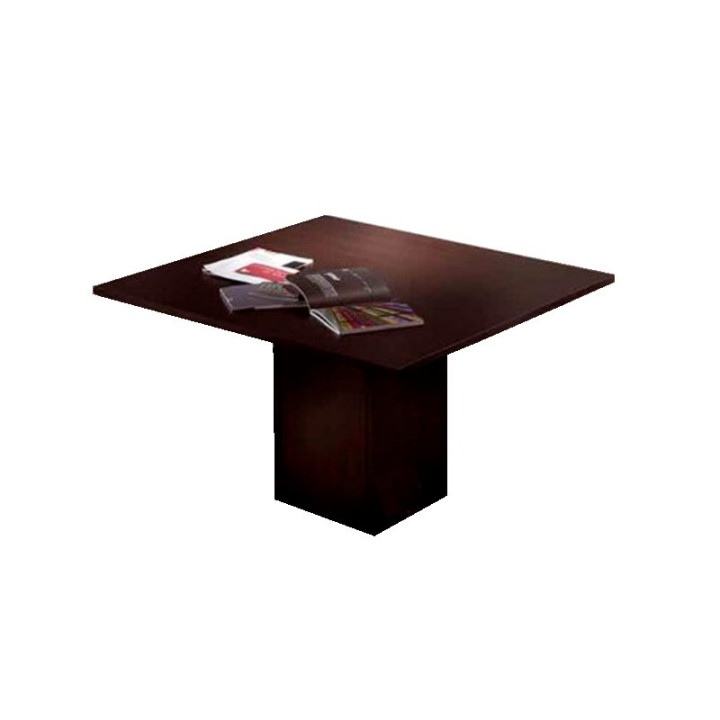 Mesa de reuniones cuadrada de Herpesa con base de cubo en madera y tablero acabado oscuro.