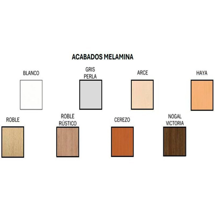 Opciones de acabados de melamina para la mesa de reuniones cuadrada de Herpesa, en varios tonos de madera y colores lisos.