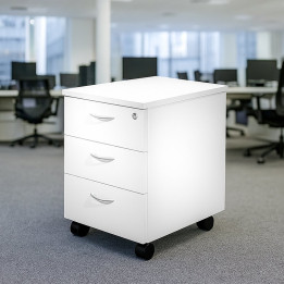 Cajonera PRESTO de Artexport con 3 cajones y ruedas, en blanco, vista en oficina operativa moderna