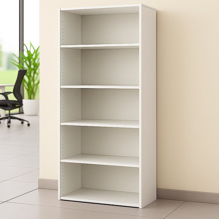 Estantería alta BASIC FORMA 5 en color blanco con cuatro estantes regulables – Factoryoficina