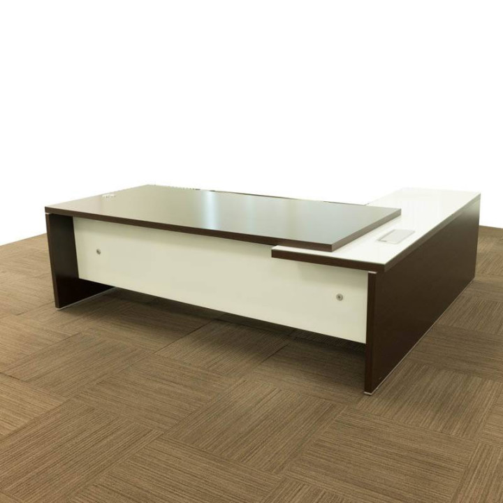 Mesa de Escritório Cor WENGUÉ. Ala de VIDRO Cor BRANCO