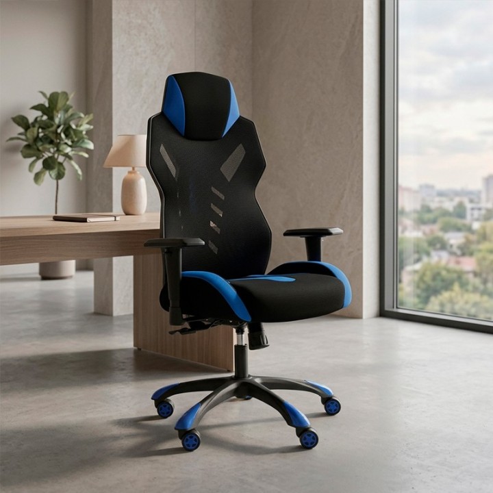 GALAXY Mod gaming chair. Black color with blue decorations. Mesh back.