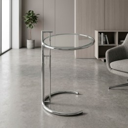 Auxiliary table Mod. TRIZE. Made of chromed metal and glass. Height adjustable.