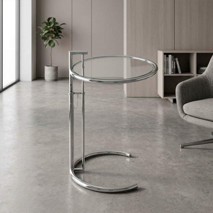 Auxiliary table Mod. TRIZE. Made of chromed metal and glass. Height adjustable.