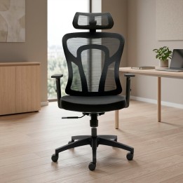 Mod. CALI chair, in black with headboard. Mesh backrest and headrest.