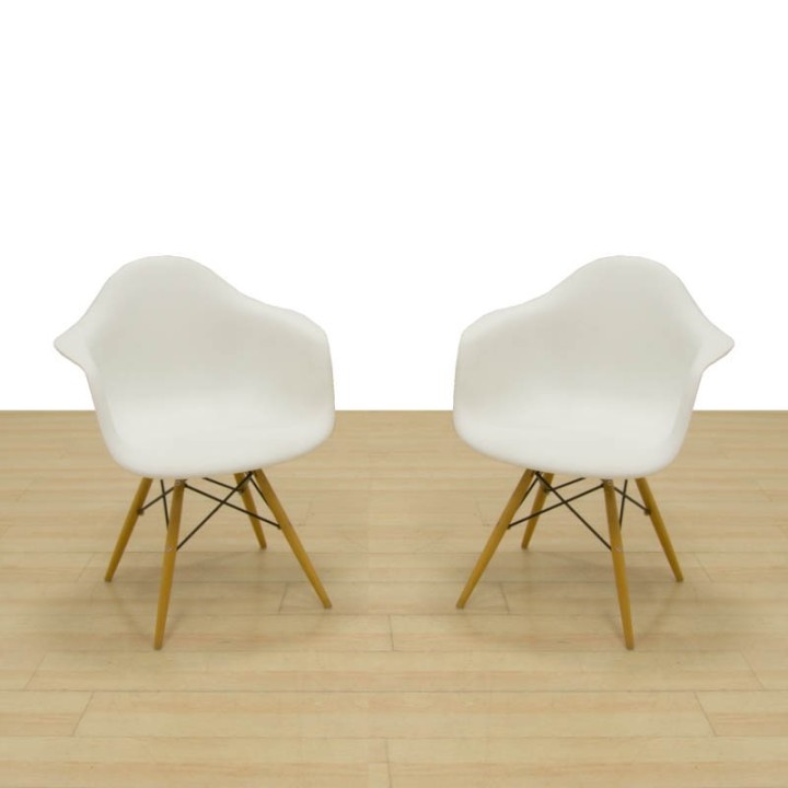 White Refurbished Visitor Chair with Wooden Legs & Arms