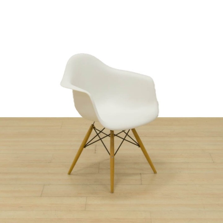 White Refurbished Visitor Chair with Wooden Legs & Arms