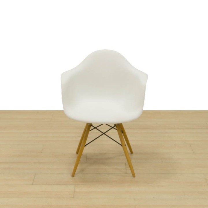White Refurbished Visitor Chair with Wooden Legs & Arms