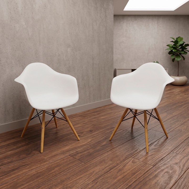 White Refurbished Visitor Chair with Wooden Legs & Arms