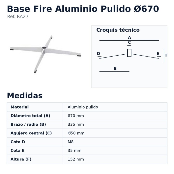 Esquema e medidas da base Fire RA27 Ø670
