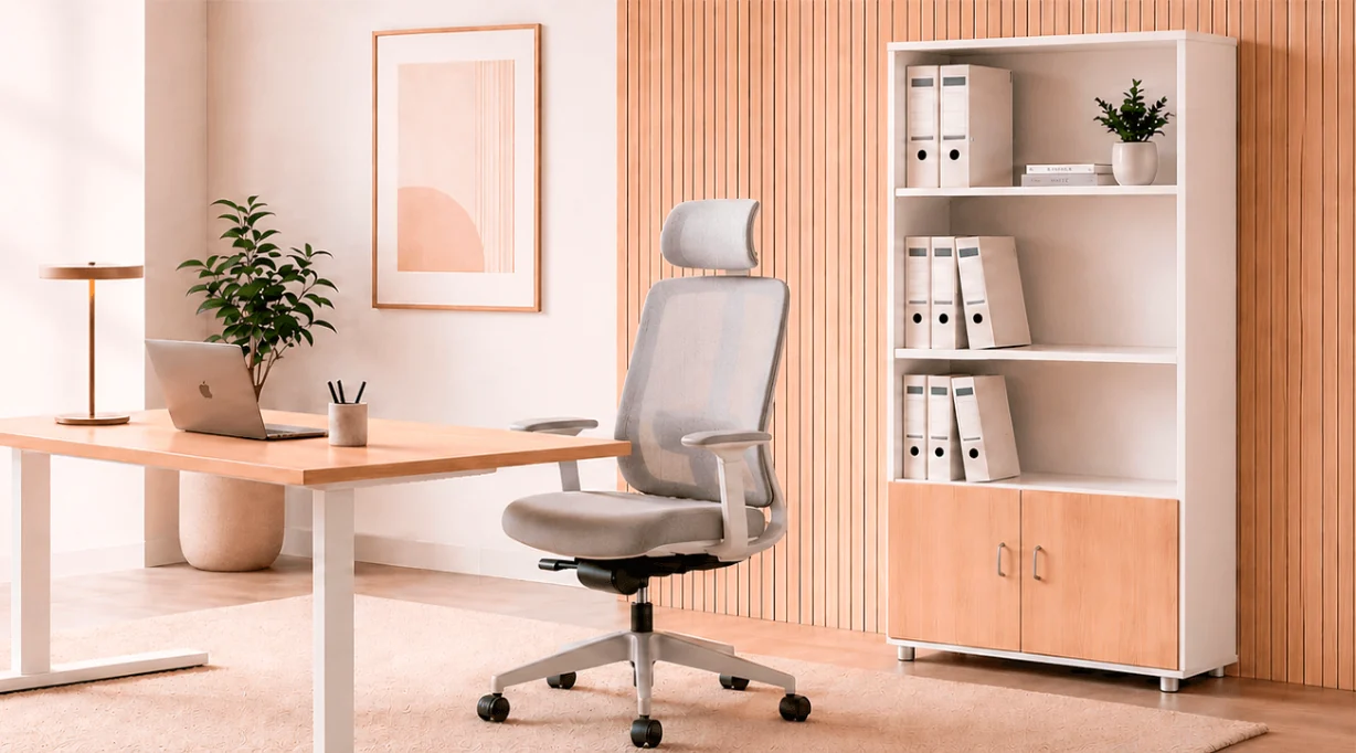 Espacio de oficina NOMA con mesa, silla ergonómica y almacenaje